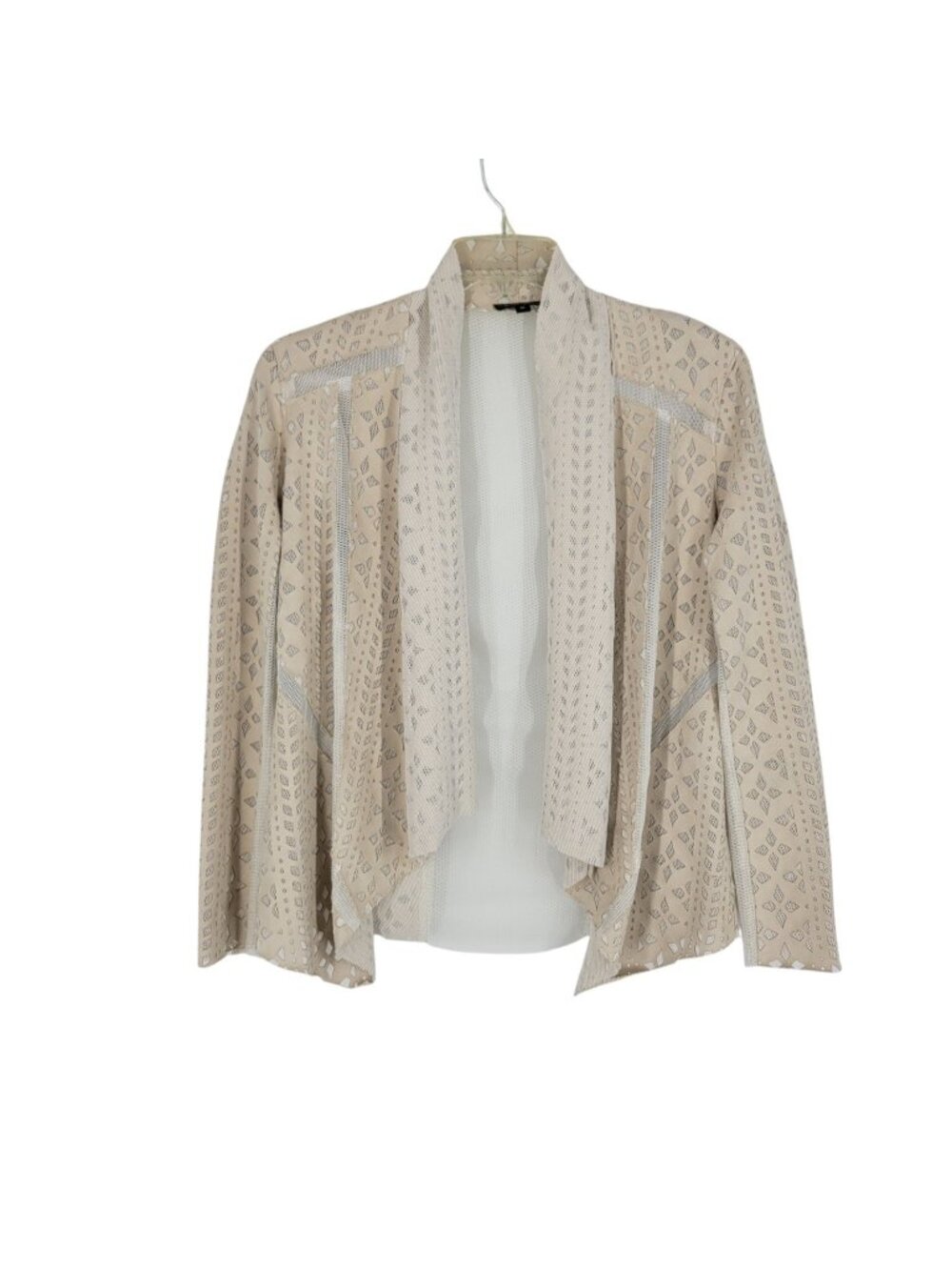 Alberto Makali M Laser Cut Jacket Beige Mesh Geometric Open Front Artsy y2k
